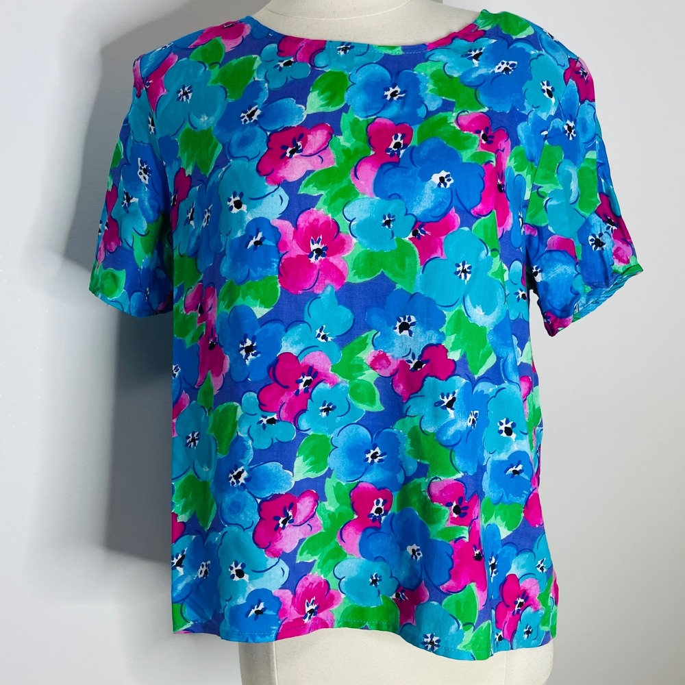 Vintage Floral Short Sleeve Blouse Blue Pink Green Crew Neck Retro Top